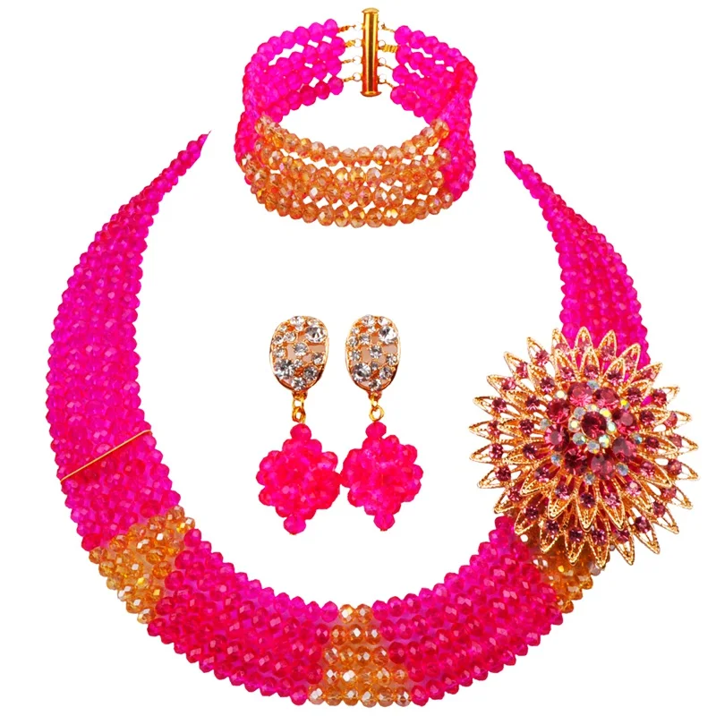 

New Design African Style Fuchsia Pink Champagne Gold AB Women and Girls Crystal Beads Jewelry Sets for Anniversary 5C-SJ-07