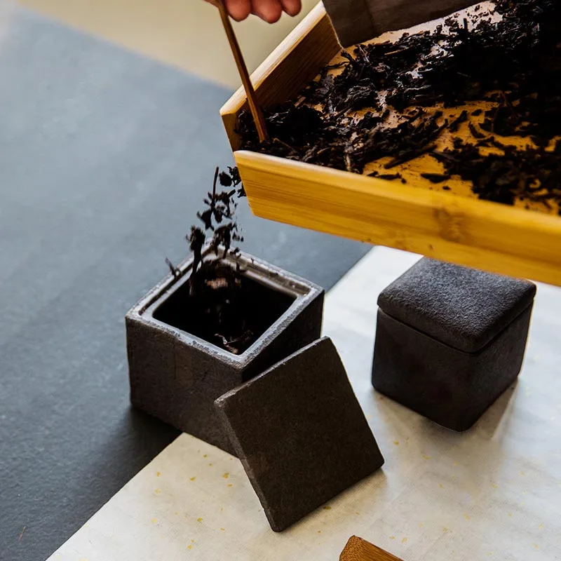 Vintage Coarse Pottery Square Tea Caddy Black Zen Japanese Style Set Accessories Ceramic Sealed Storage Jars Decor | Дом и сад