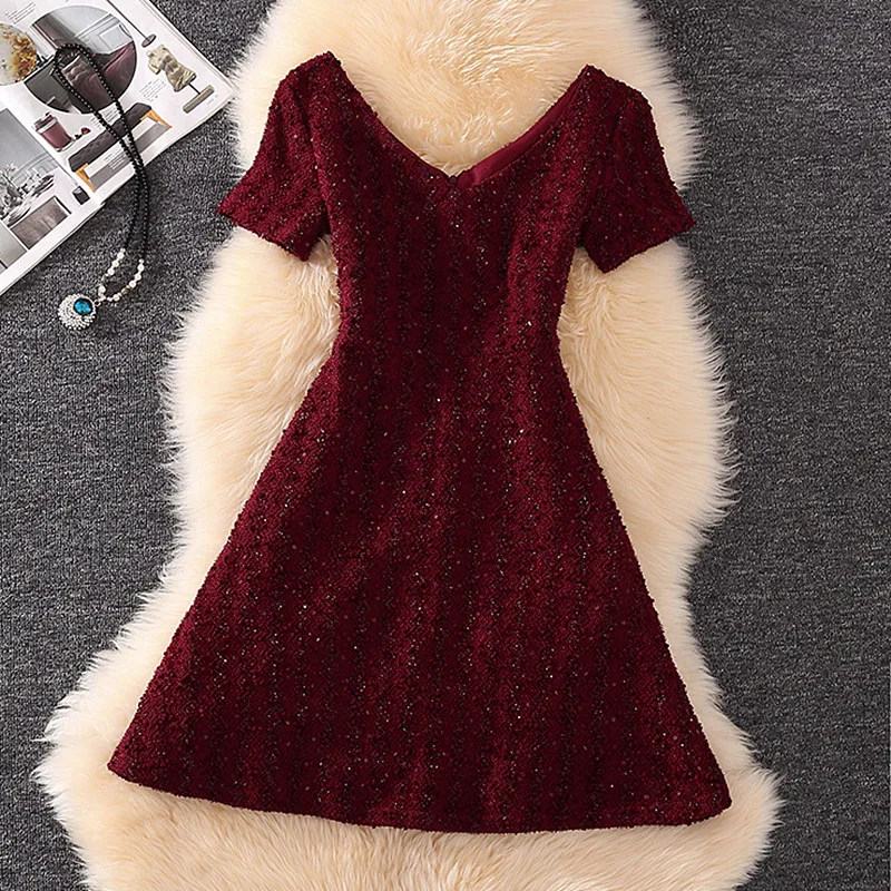 Spring Summer Dress 2019 Women Elegant Sequined Vintage Red V-neck Short Sleeve A-line Slim Prom Party Formal | Женская одежда