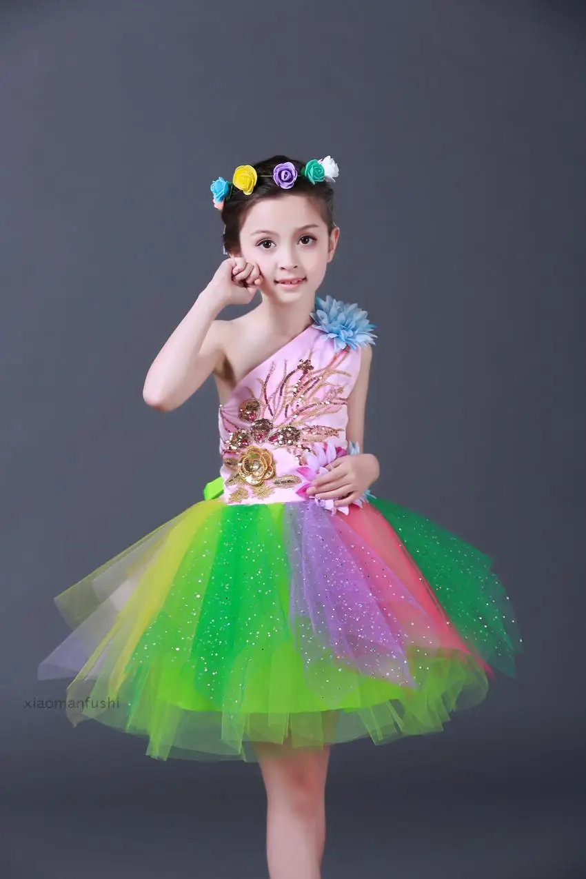 Танцевальное платье для выступлений девочек Детские радужные танцевальные