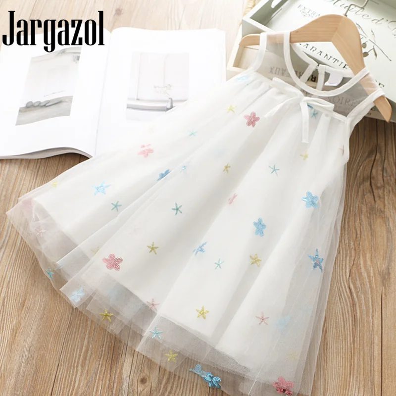 Jargazol Summer Flower Girls Dresses 2019 Star Embroidery Sleeveless Princess Dress Elegant Sequins Toddler Girl Outfits | Детская