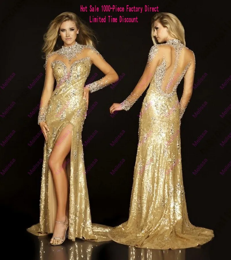 2015 Newest Sheath High-neck Tulle Beaded Backless Long-Sleeves Custom-Made Sexy High-Slit Gold Evening Dresses For Party Dress |
