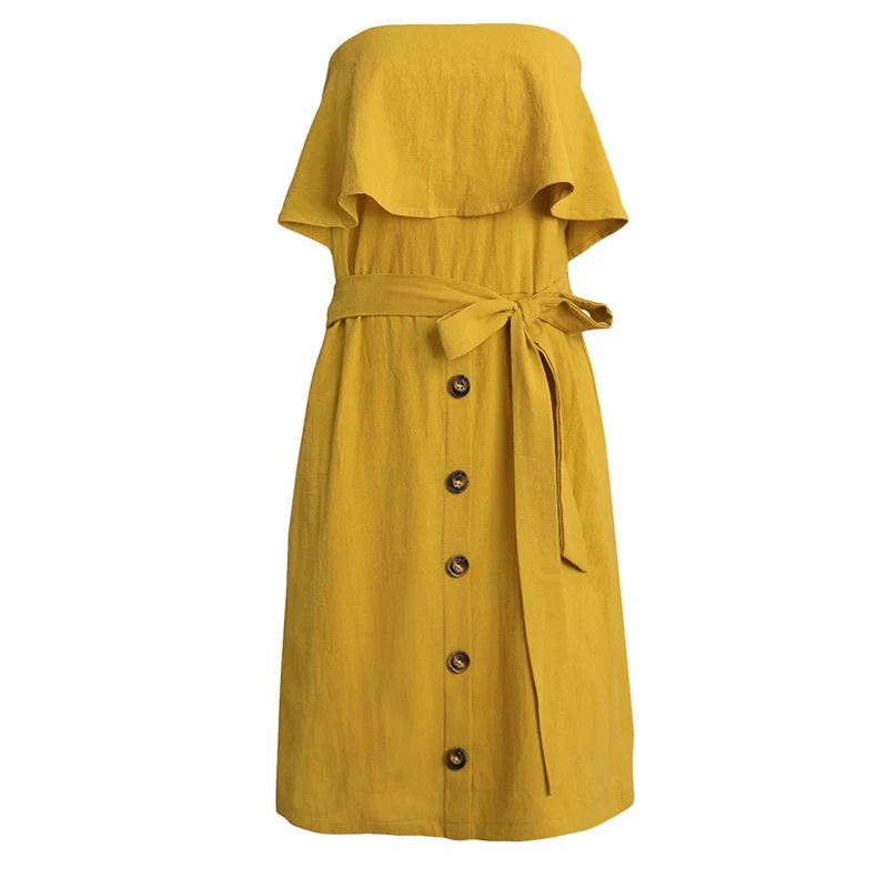 2019 Summer Womens Strapless Dress Fashion Ruffles with Sashes Vestidos Buttons Female Cotton Linen Sleeveless Ladies Mini | Женская