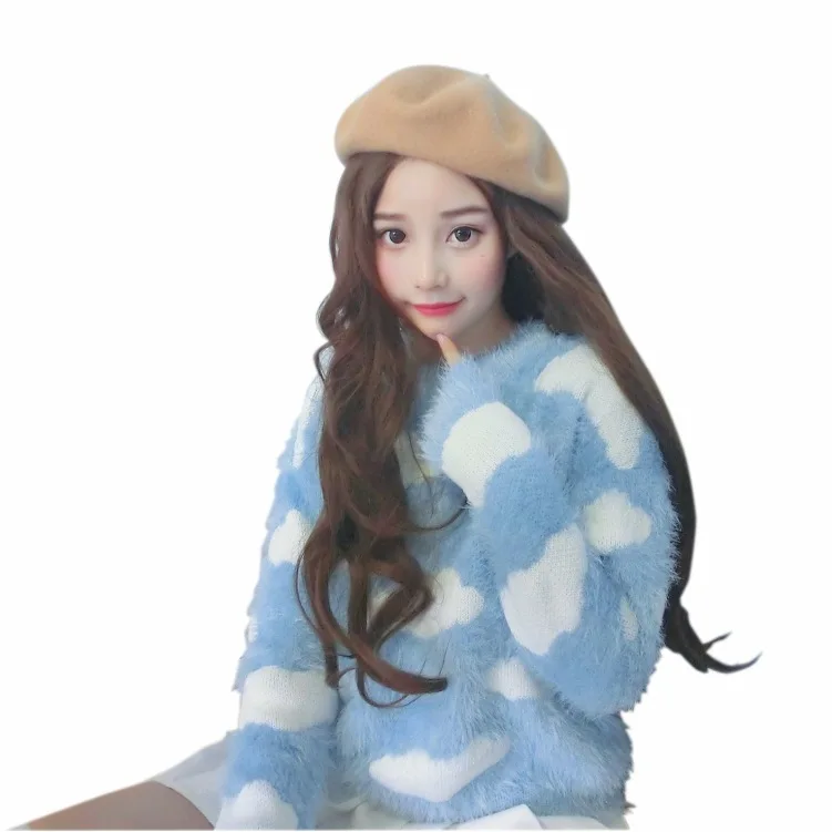 Vefadisa2017 Autumn Winter New Korea Sweet Bule White Plush Knitting Sweater Pullovers Tassel Irregular Woman Women A431 | Женская