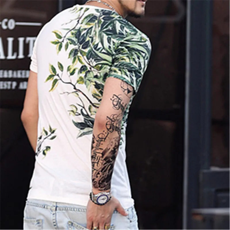 Мужская хлопковая футболка с коротким рукавом цветочным принтом|tees brands|fitted t