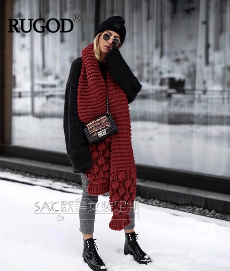RUGOD осенний зимний трикотажный шарф женский роскошный вязаный крючком шарф ручной работы женские теплые шарфы Модный мягкий длинный шарф