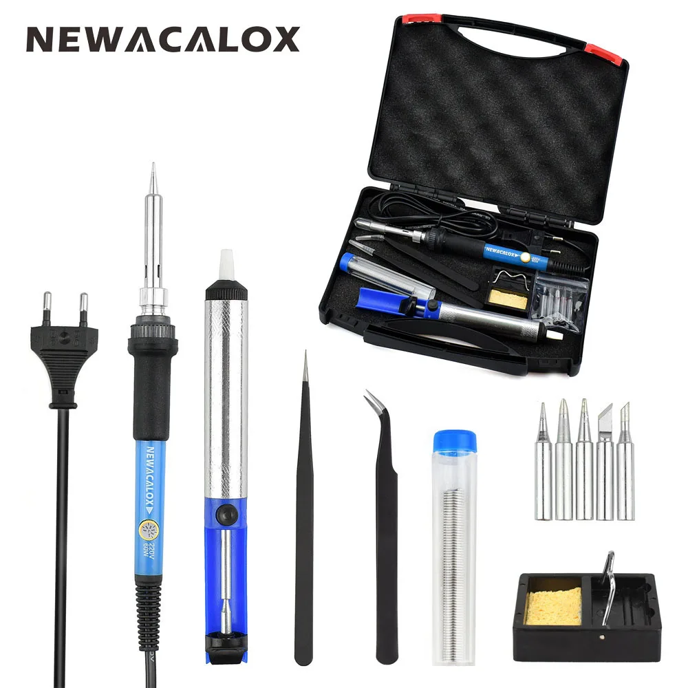 NEWACALOX терморегулятор паяльник набор 60 Вт ЕС 220 В паяльная станция сварочный насос для распайки железный наконечник припой проволока слишком коробка - Цвет: blue