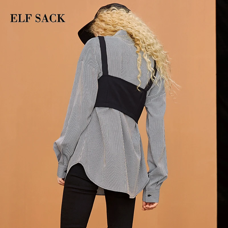 ELFSACK, новинка, женские рубашки, повседневные, с длинным рукавом, в клетку, с отложным воротником, женская блузка, свободные, Harajuku Femme, блузка, уличная одежда, топы