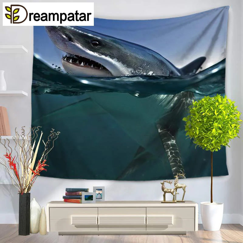Настенный гобелен с принтом в виде белой акулы синего океана праздничный декор