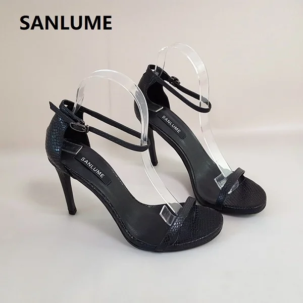 10CM Black SANLUME 10 см Для женщин из натуральной кожи босоножки на высоком каблуке пикантные вечерние туфли тонкие туфли-лодочки кожаные ботинки черные - Цвет: 10CM Black