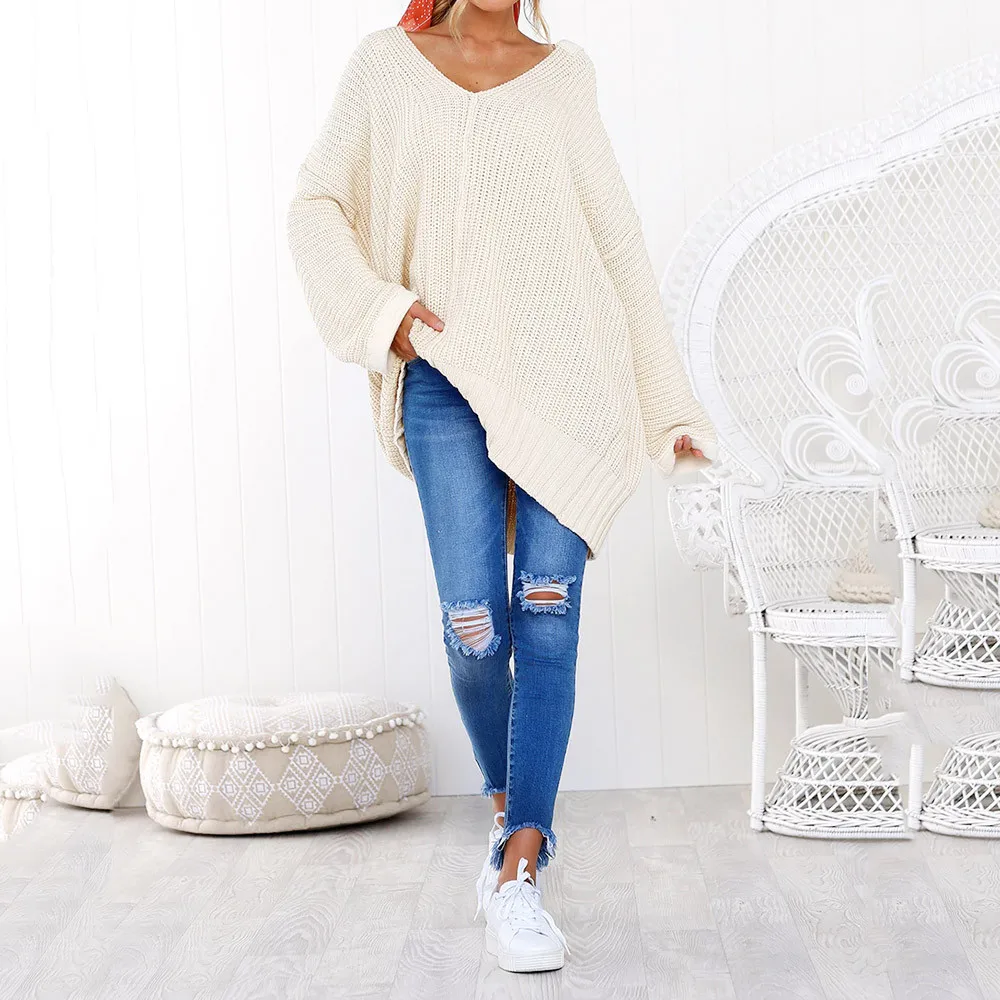 JAYCOSIN Hot Fashion Womens Solid Color Casual Long Sleeve V-Neck Jumper Sweaters Blouse Tops High Quality Sweater New | Женская одежда
