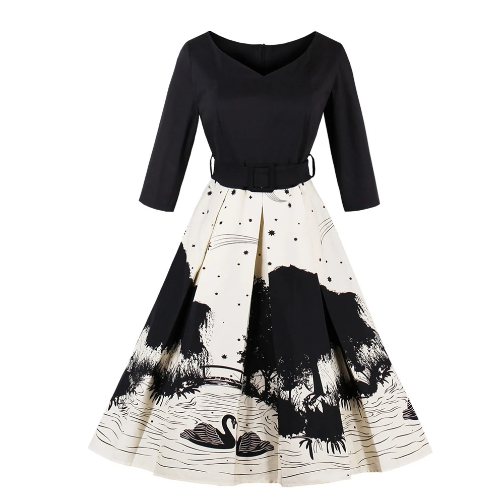 Винтажные наряды осень Для женщин V шеи Цветочный принт линия пояса лоскутное