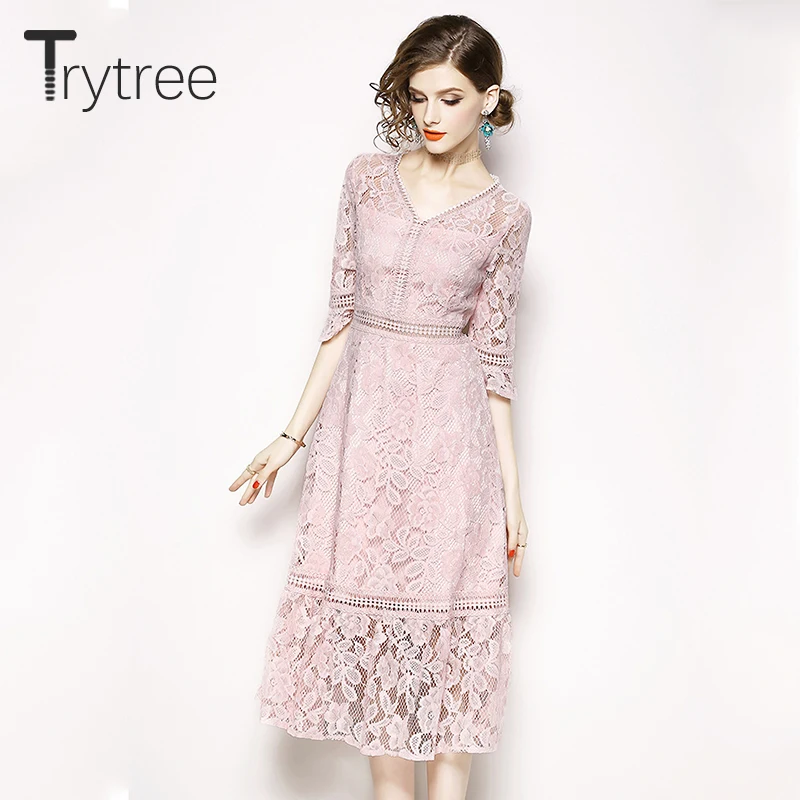 Женское кружевное платье Trytree повседневное однотонное розовое трапециевидной