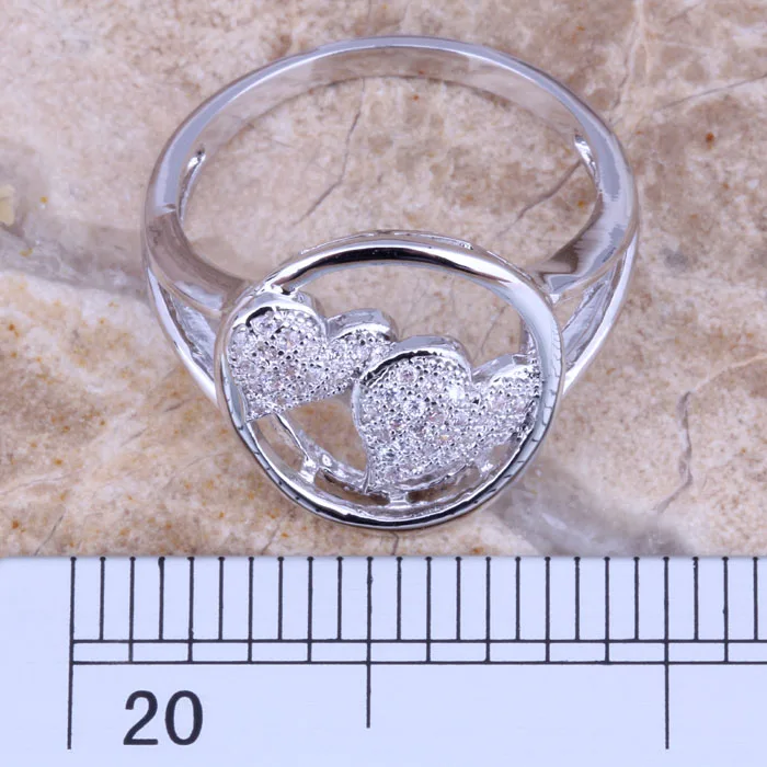 Изысканное посеребренное кольцо с белым цирконием сердца к сердцу Размер 6 / 7 8 9