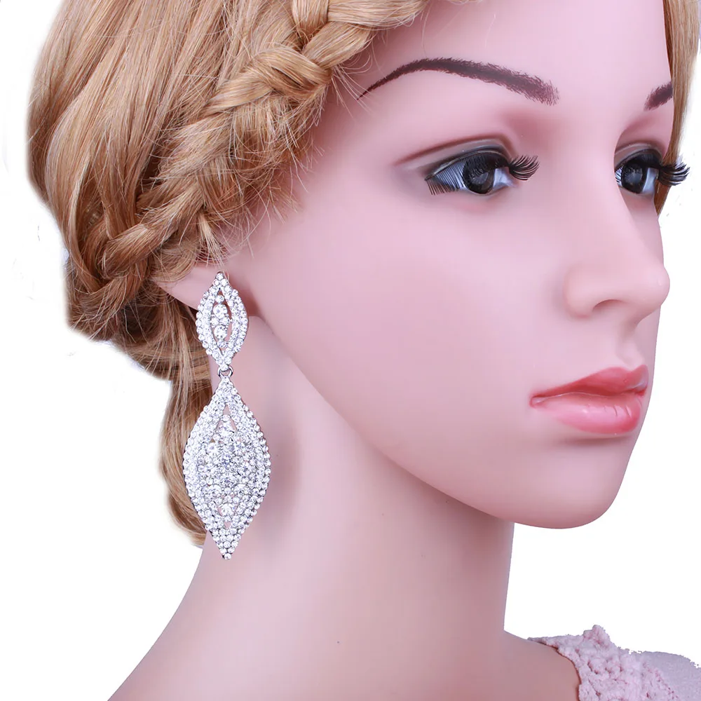 Женские сережки подвески в форме листа с серебряным покрытием кристаллом