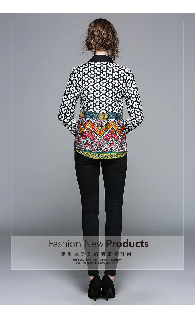 

Women Long Sleeve Black Blouses Office Vintage camisas feminina Geometric Floral Prints Patches Casual Shirts 2020 ladies tops