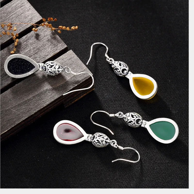 

Uglyless Real 999 Silver Nature Chalcedony Jewelry Women Waterdrop Dangle Earrings Hollow Vintage Ethnic Brincos Handmade Bijoux