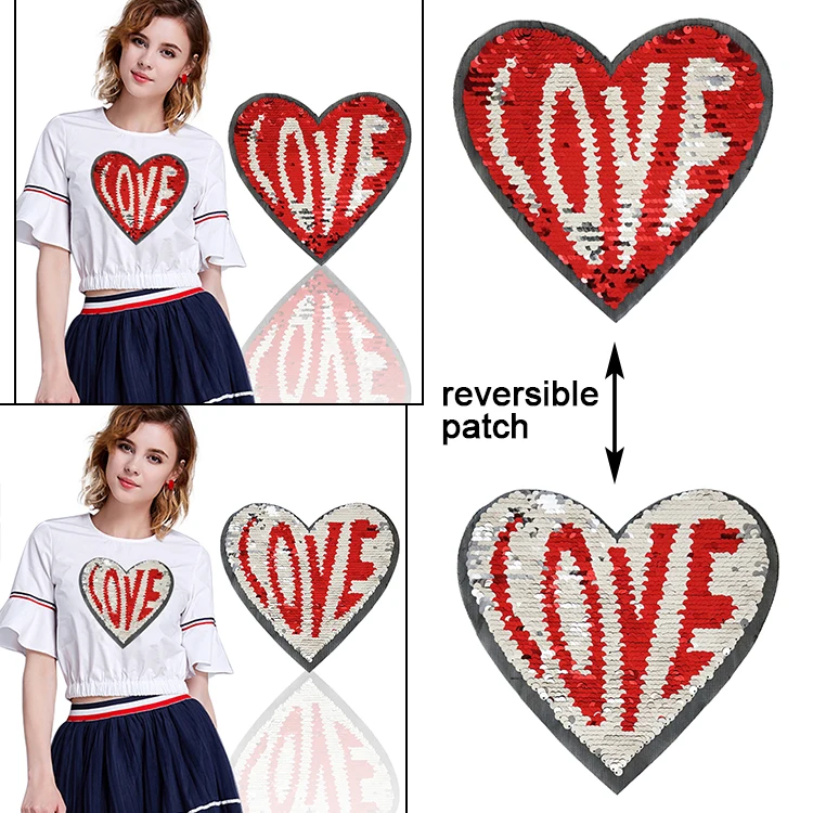 

Popular Red Silver Love Heart Reversible Change color Shiny Sequins Sew On Patches for clothing be tailored for you