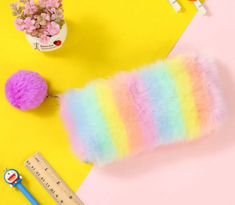 Kawaii мульти-Цвет цветные радужные карандаши чехол Для женщин девочек школьные принадлежности обувь на платформе из искусственного кроличьего меха; сапоги мяч для хранения косметических принадлежностей, помпон косметичка