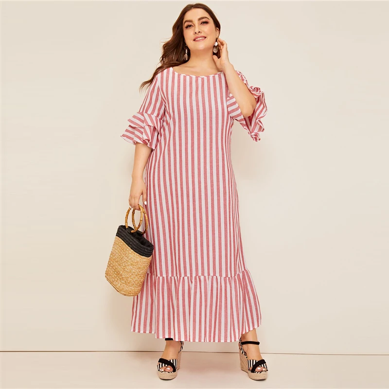 SHEIN, платье макси в полоску с рукавами-колокольчиками размера плюс, коллекция, женское Повседневное платье-туника с оборками на весну и лето