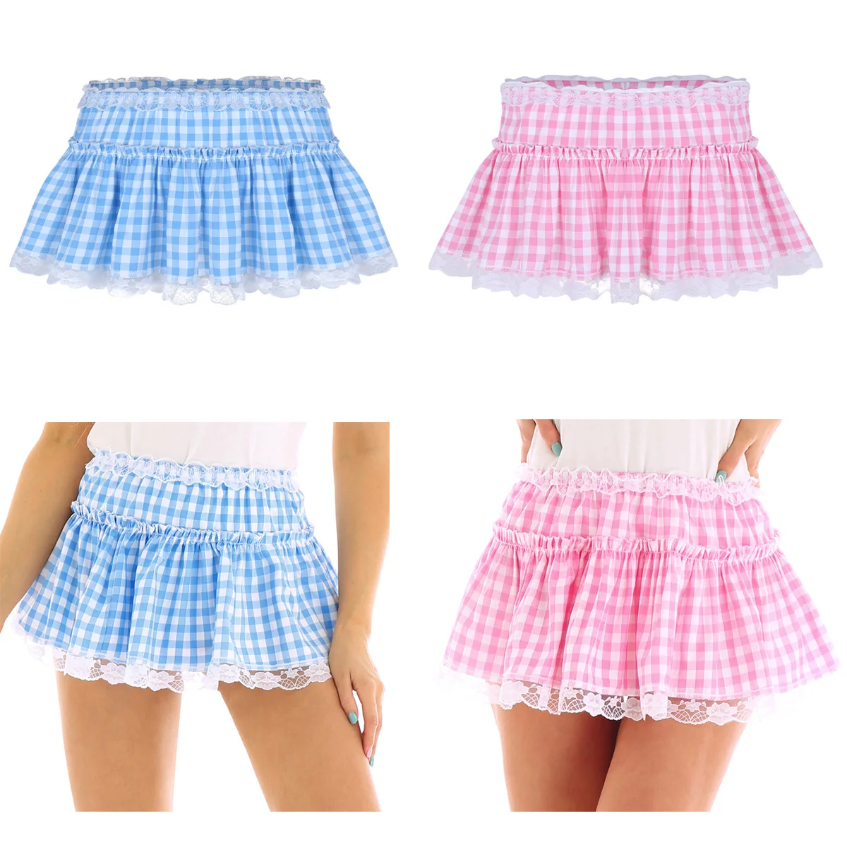 Unisex Mens Women A-line Mini Skirt Mens Sexy Sissy Skirt Elastic Waistband Short Skirt with Lace Hem Pleated Gingham Roleplay