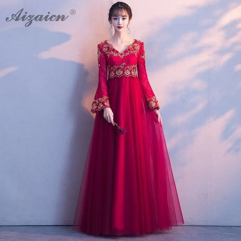 

New Fashion Red Bride Lace Cheongsam Modern Chinoise Pregnent Long Dresses Qi Pao Women Chinese Evening Dress Qipao Vintage Gown