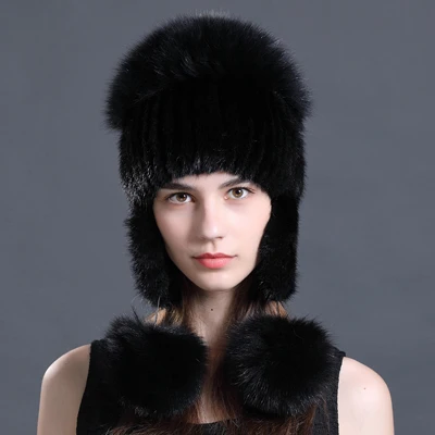 Black 1 Русская зима, шапки-бомберы из натурального меха для женщин, шапка с помпоном из натурального Лисьего меха с ушками, ушанка, шапка из меха норки, женская шапка s - Цвет: Black 1