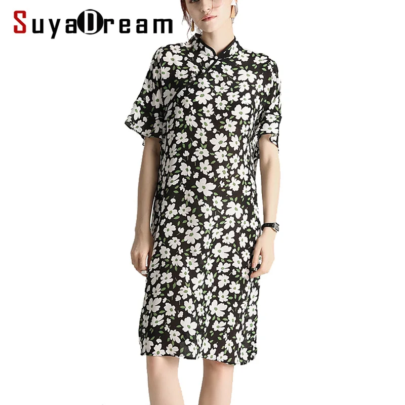 Женское платье Qipao летнее из 100% натурального шелка с цветочным принтом и