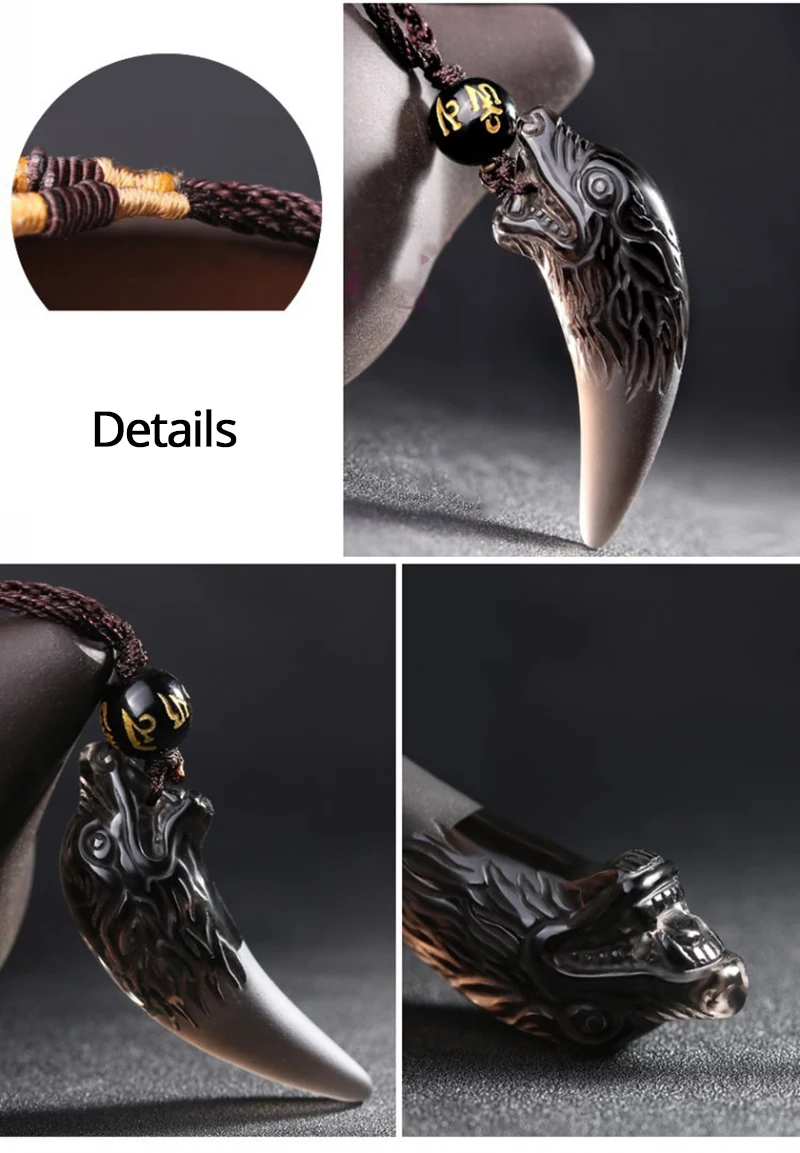 Wolf tooth Obsidian Pendant Necklace Amulets And Talismans Couple Natural Stone Necklace For Women Men Lucky Jewelry