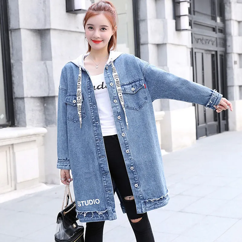 Джинсовая женская куртка осень весна 2019 свободная длинная однобортная Верхняя