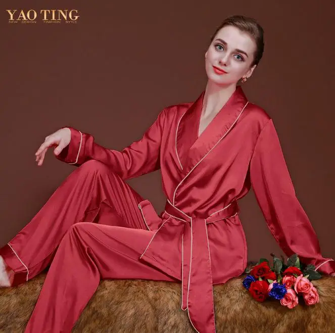 Фото Размер XL Pijama Ночная Рубашка Женщин С Длинными рукавами Платье Поясом Шелковый Размер XL Pijama Ночная Рубашка Женщин С Длинными рукавами Платье Поясом Шелковый