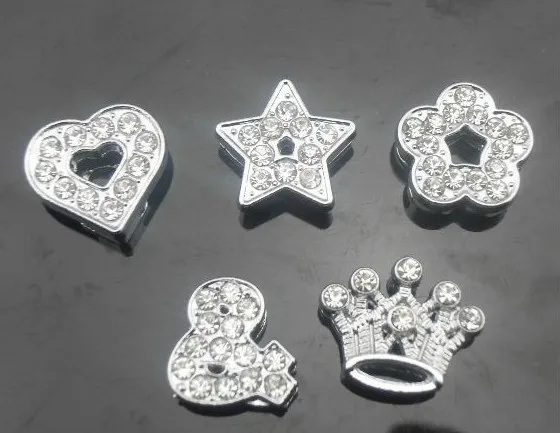 

20PCS/lot 10MM full rhinestones heart star flower & crown slide charms fit for 10mm leather bracelet wristband