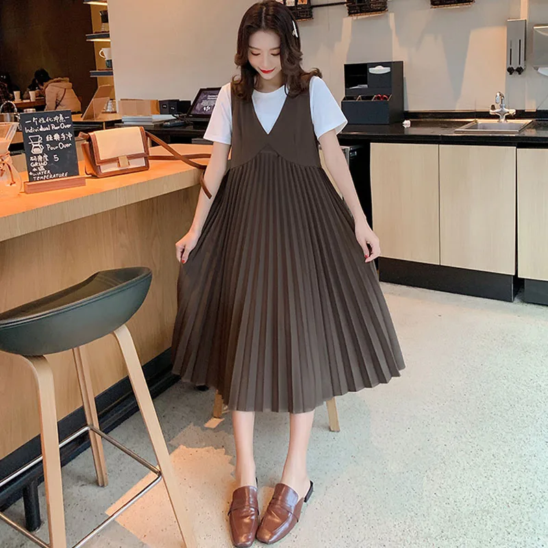 Плиссированное Платье Одежда для беременных женщин Топ 2 шт. комплекты