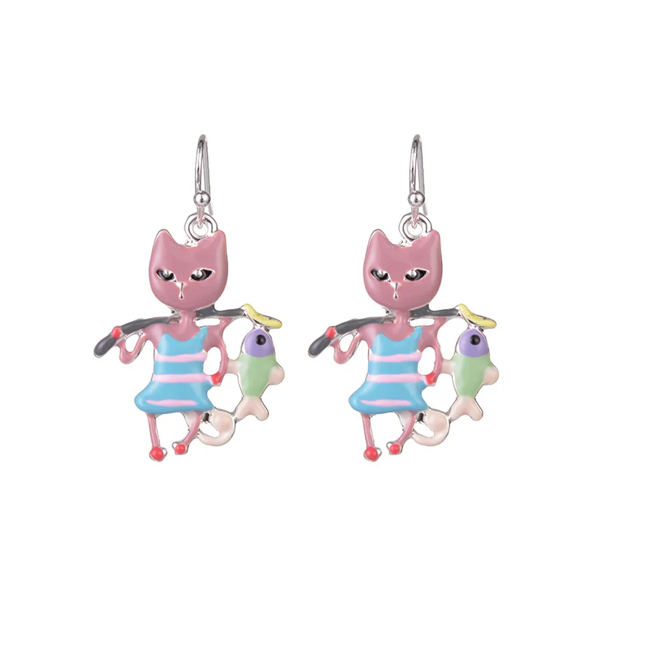 color1 Женские серьги,, корейская мода, эмаль, сплав, мультфильм, кошка, рыбалка, висячие серьги, цветные, животные, ювелирные изделия, аксессуары - Окраска металла: color1