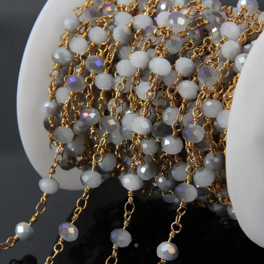 

5Meters Purple titanium White Glass Bead Chains,Faceted Rondelle plated Wire Wrapped Brass Rosary Chains Necklace Jewelry