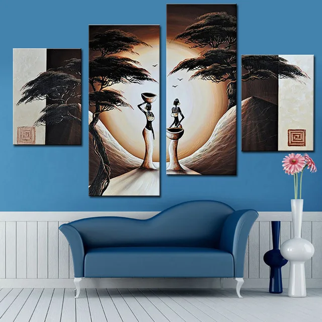 

Modern Abstract Landscape Oil Paintings 4 Panel African Women Tree Moon On Canvas Wall Art Hand Painted Picture for Home Decor