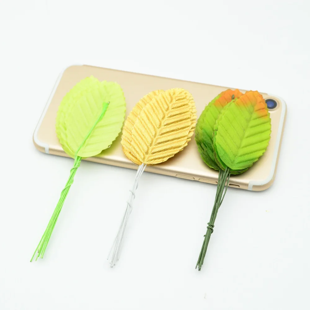 10 шт. золотой красный пучок поддельные зеленые листья шелковые розы