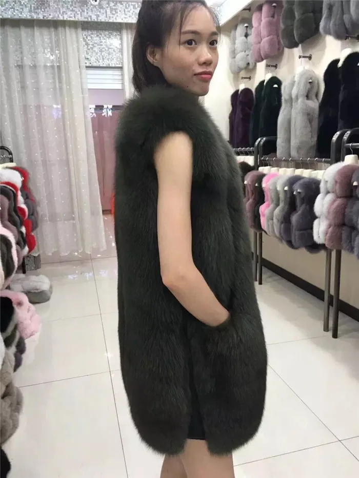 Зимние Модные женские меховые пальто толстые теплые из натурального Лисьего меха жилет без рукавов Длинная Куртка