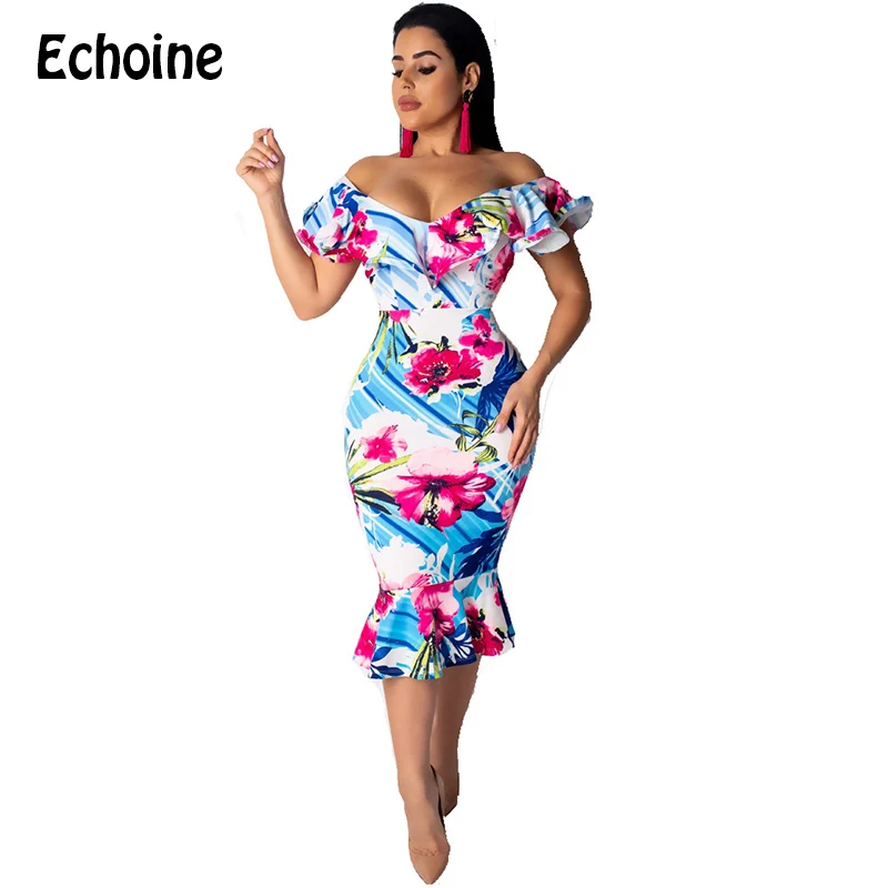 Echoine 2019 женские платья с открытыми плечами и принтом цветочные бабочки рукав Shash