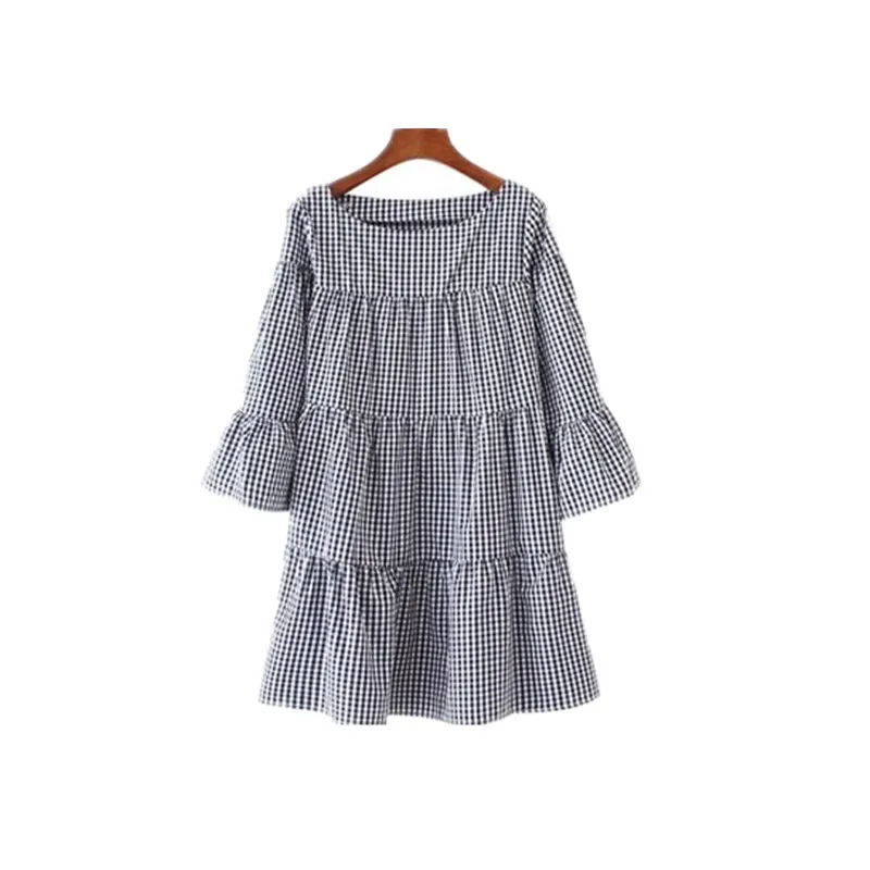 OLIGITUM 2019 Fashion Fold Plaid Oversized Women Dress Summer Flare Sleeve Loose Casual Sweet dresses two colors | Женская одежда