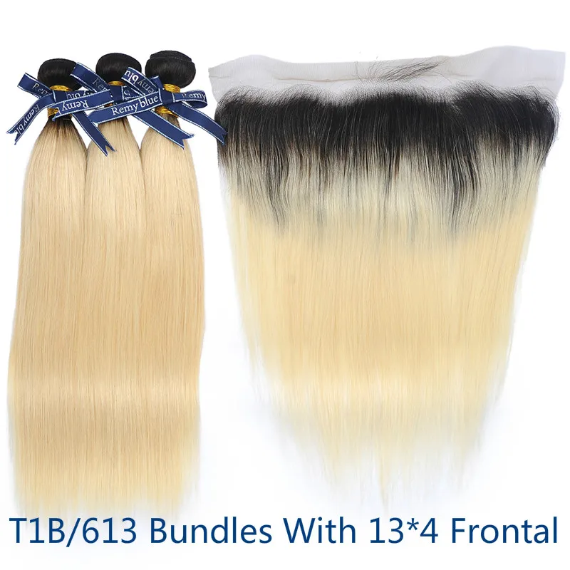 T1B 613 Remyblue Ombre 1B 613 пучок s с закрытием Фронтальная 13*4 медовый блонд бразильские прямые волосы пучок с закрытием Remy человеческие волосы - Цвет: T1B 613