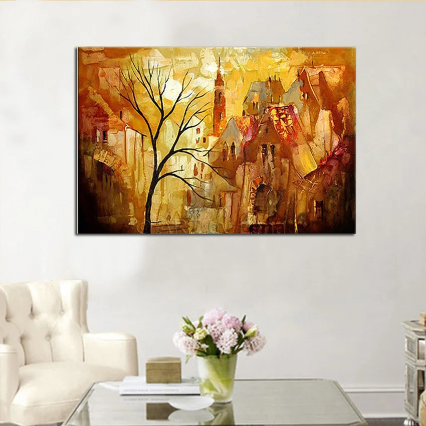 

Tree and house warm landscape modern abstract oil painting hand painted oil painting on canvas wall art picture for living room