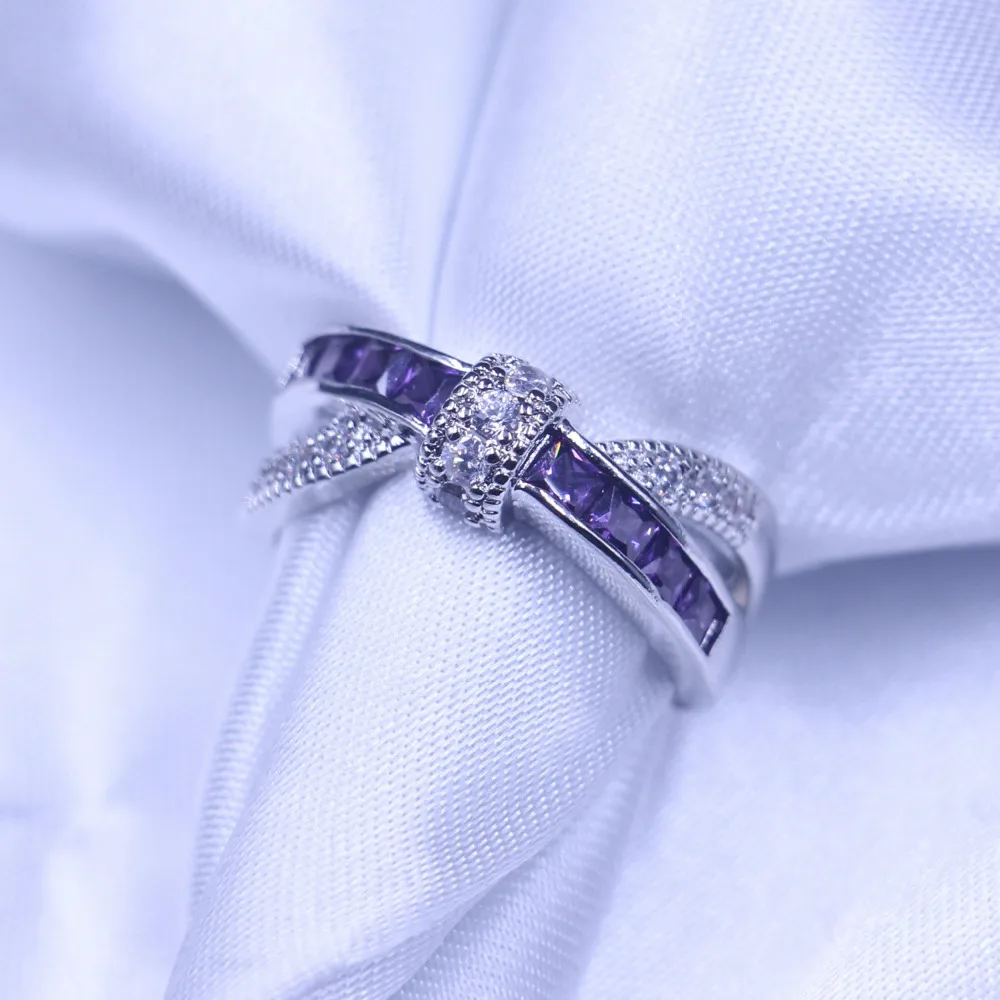 Vecalon New Wome ring Purple AAAAA Zircon Cz White Gold Filled Cross Party wedding Band for women men fashion jewelry | Украшения и