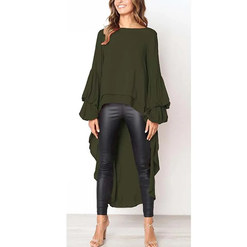 ArmyGreen Blouse Женская блузка с рукавом-фонариком и высоким низом, блузка с высоким воротом, свободная блузка с длинным рукавом, асимметричная туника, Повседневная рубашка, женская одежда - Цвет: ArmyGreen Blouse
