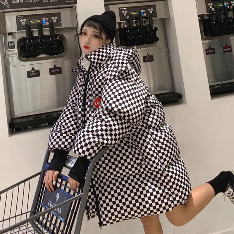 Black plaid Зимняя женская куртка, модные клетчатые хлопковые пальто Harajuku, свободная стеганая верхняя одежда, теплая Женская парка с капюшоном, Толстая куртка TY288 - Цвет: Black plaid