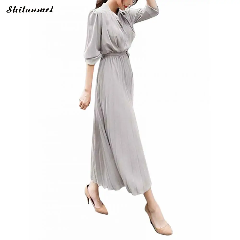 light grey Осень весна женское Элегантное Длинное Платье женское однотонное платье с длинным рукавом и поясом на шнуровке свободное повседневное офисное женское плиссированное платье - Цвет: light grey