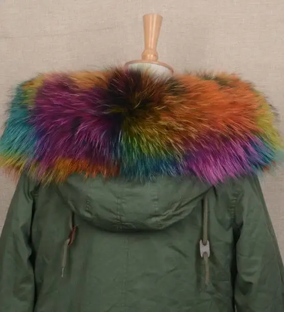 Multicolor One JKKFURS большой натуральный мех енота отделка воротник для женщин и мужчин Модная парка капюшон натуральный шарф Высокое качество подкладка S1535 - Цвет: Multicolor One