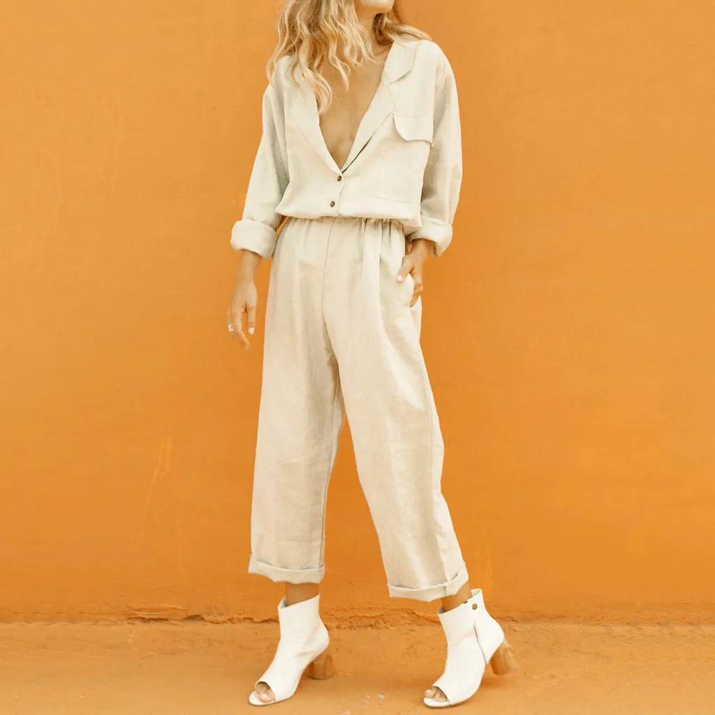 Женский костюм тонкий хлопковый топ с длинным рукавом и карманами на кнопках