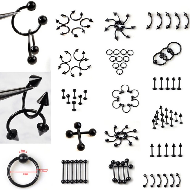 

PINKSEE 5pcs Black Stainless Steel Barbell Tongue Belly Lip Eyebrow Nose Rings Piercing Fashion Body Jewelry Wholesale