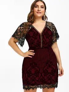 Женское кружевное мини-платье большого размера плюс, облегающее летнее платье в полоску с коротким рукавом и v-образным вырезом, с высокой талией